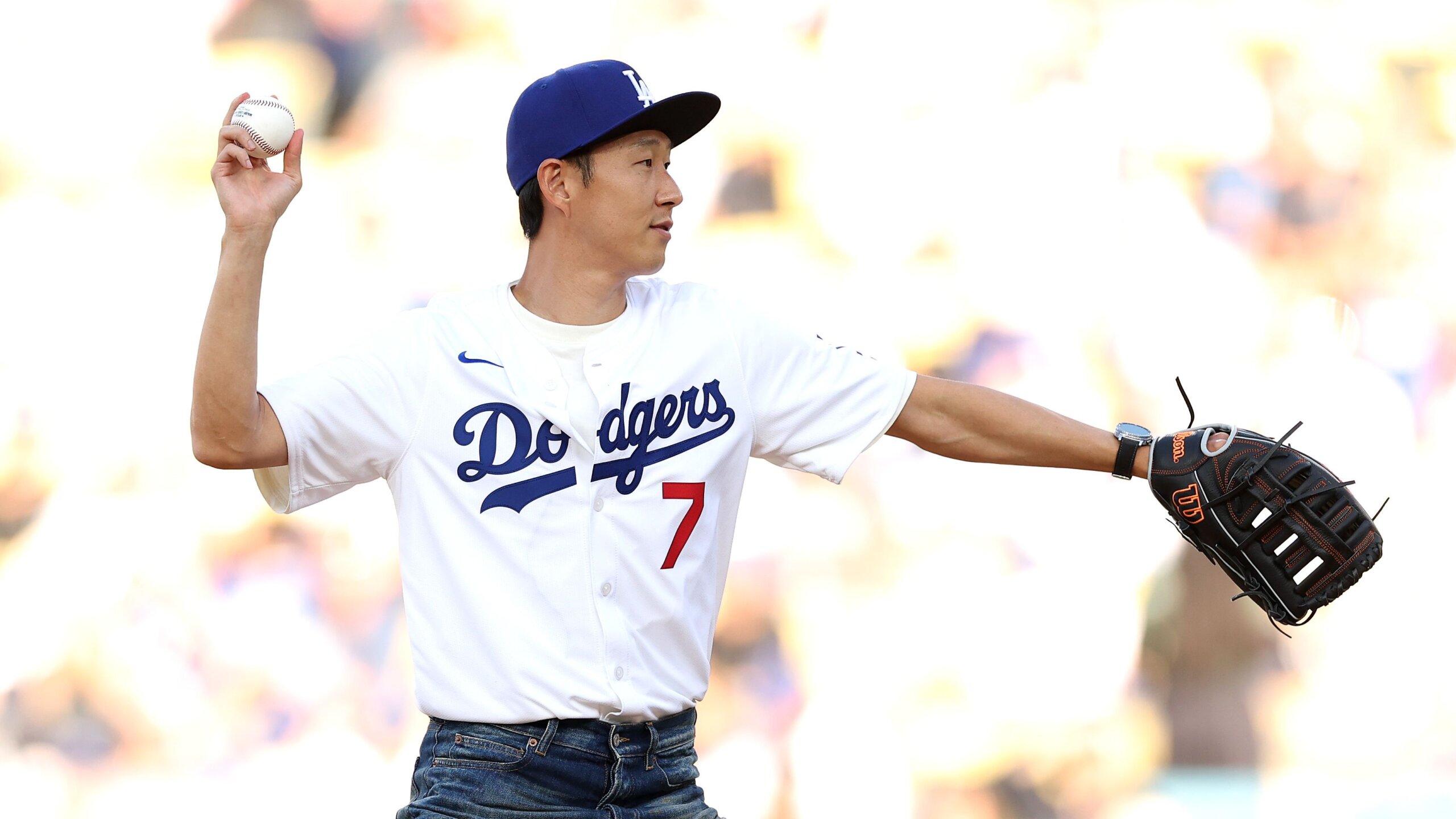 Son Heung-Min Shines at Dodger Stadium with Ceremonial First Pitch 1 GettyImages 2232439399 scaled